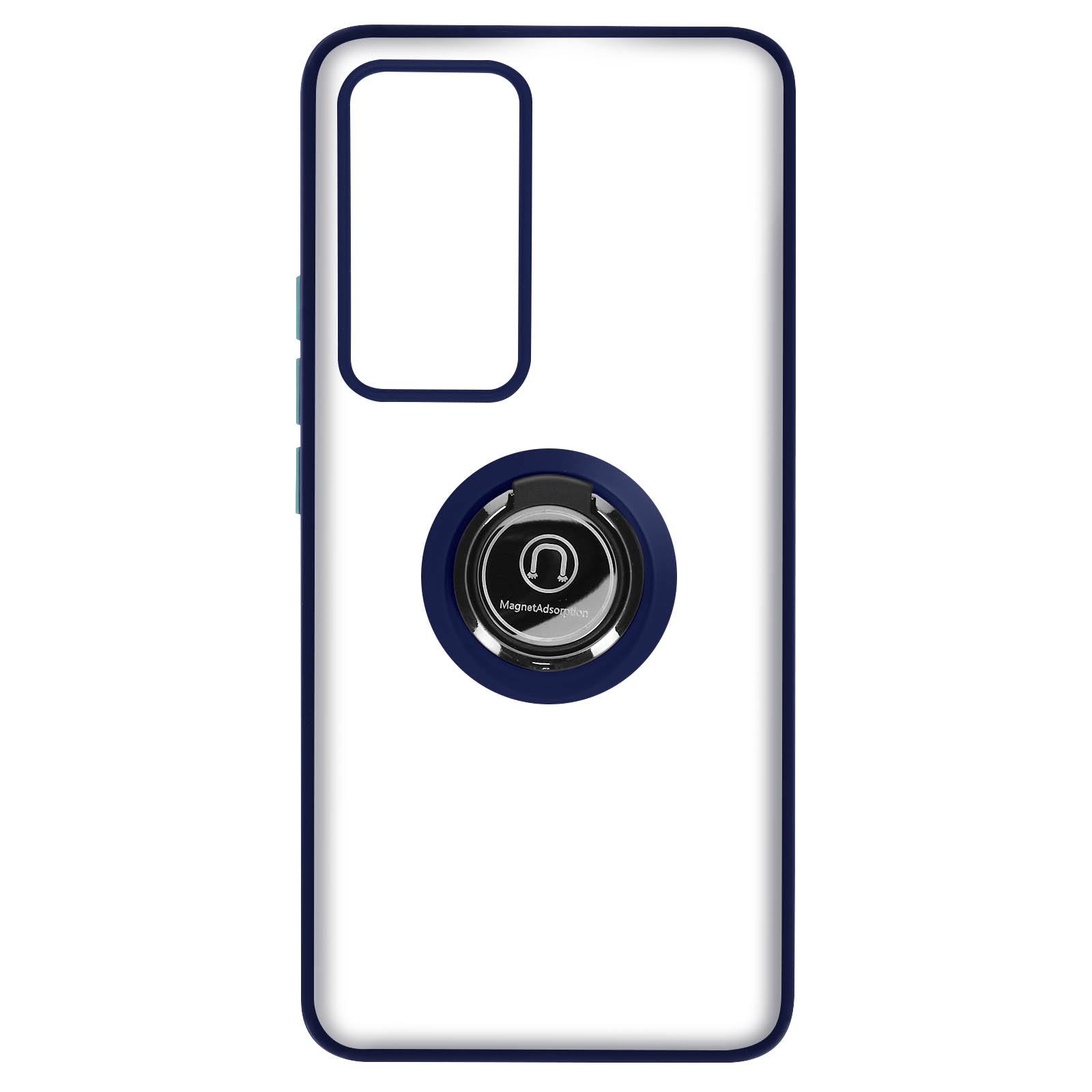 Custodia trasparente per telefono con anello di supporto. Bordi blu e anello di supporto. Sfondo bianco.
