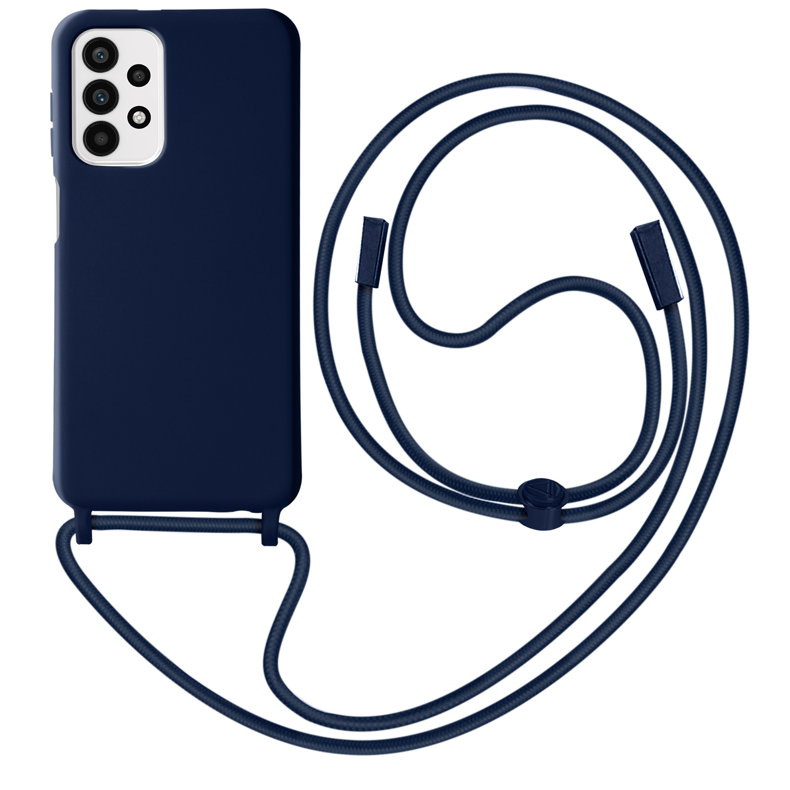 Donkerblauwe telefoonhoes met bijpassende riem. De hoes heeft een camera-uitsparing.
