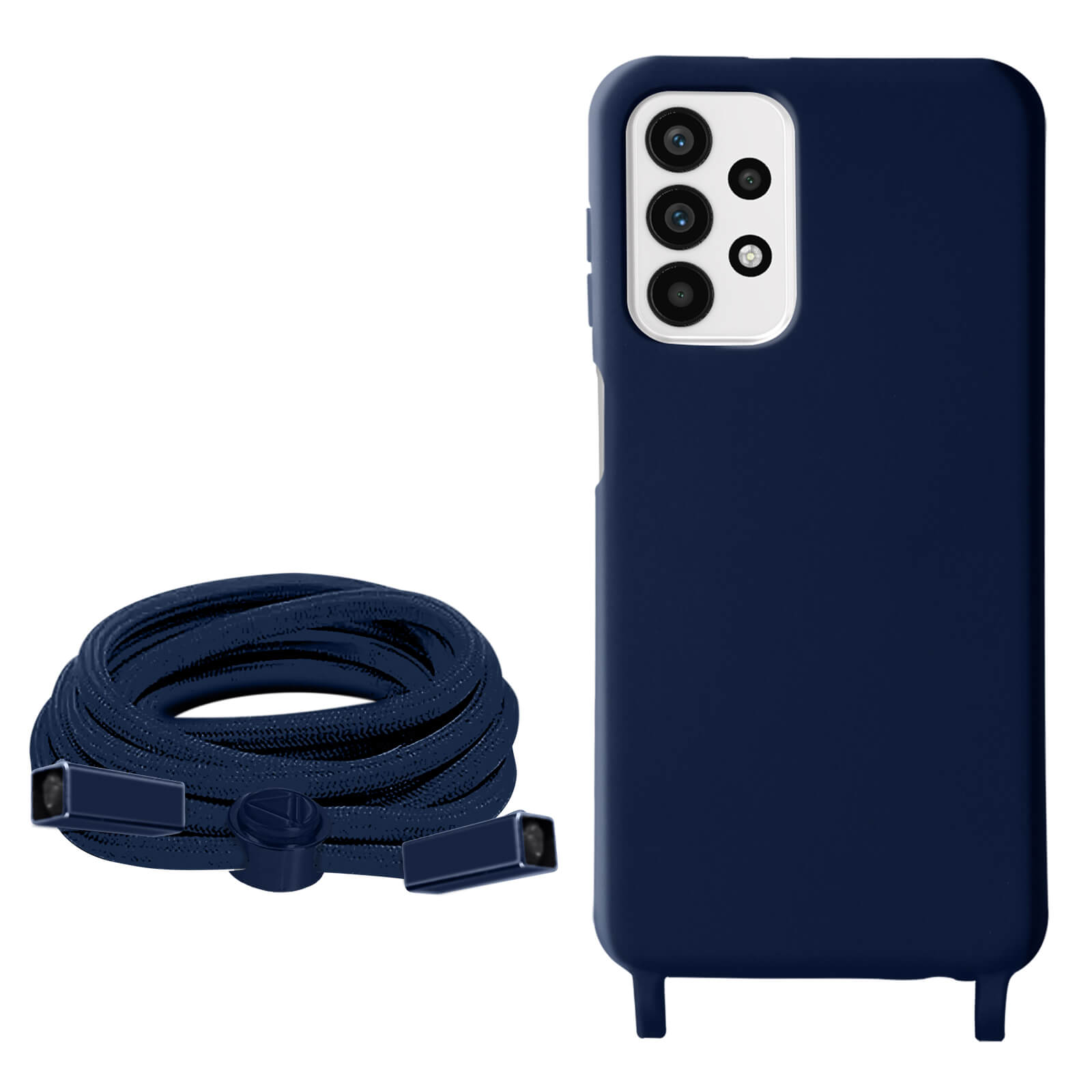 Donkerblauwe telefoonhoes met een koord. De hoes staat naast het opgerolde koord.