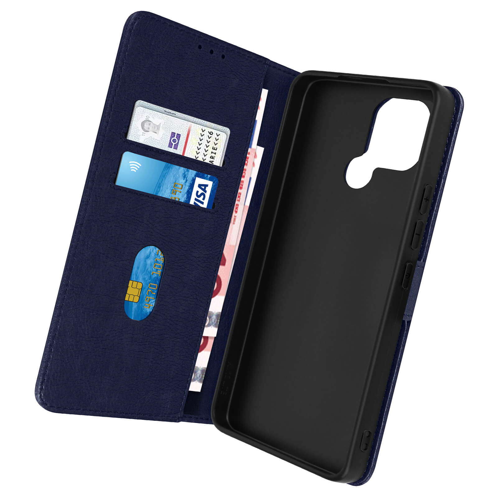 Una custodia per telefono blu con interno scuro e fessure per carte. Sfondo bianco.