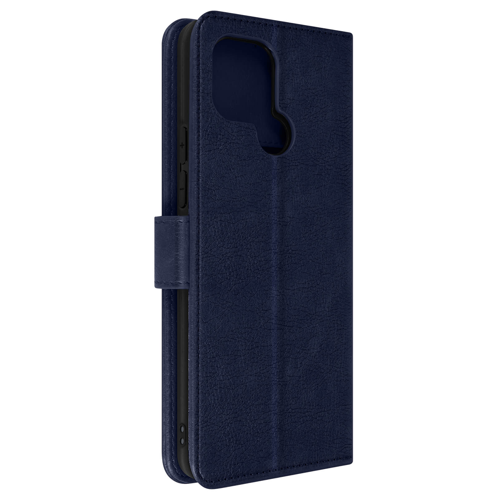 Custodia blu scuro con trama in pelle, vista laterale e chiusura.