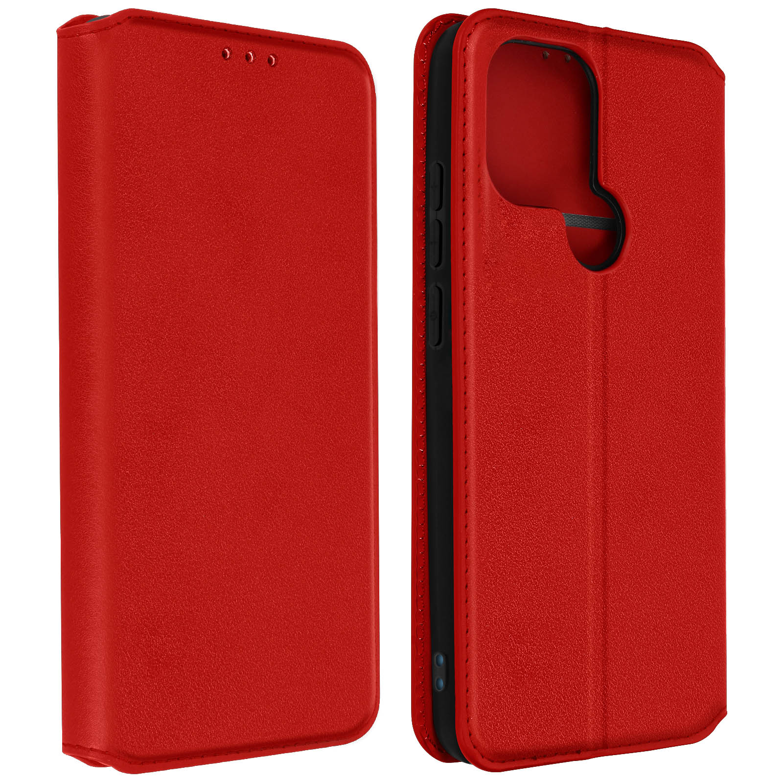 Custodia rossa per telefono aperta. Mostra un telefono. Bordo nero.