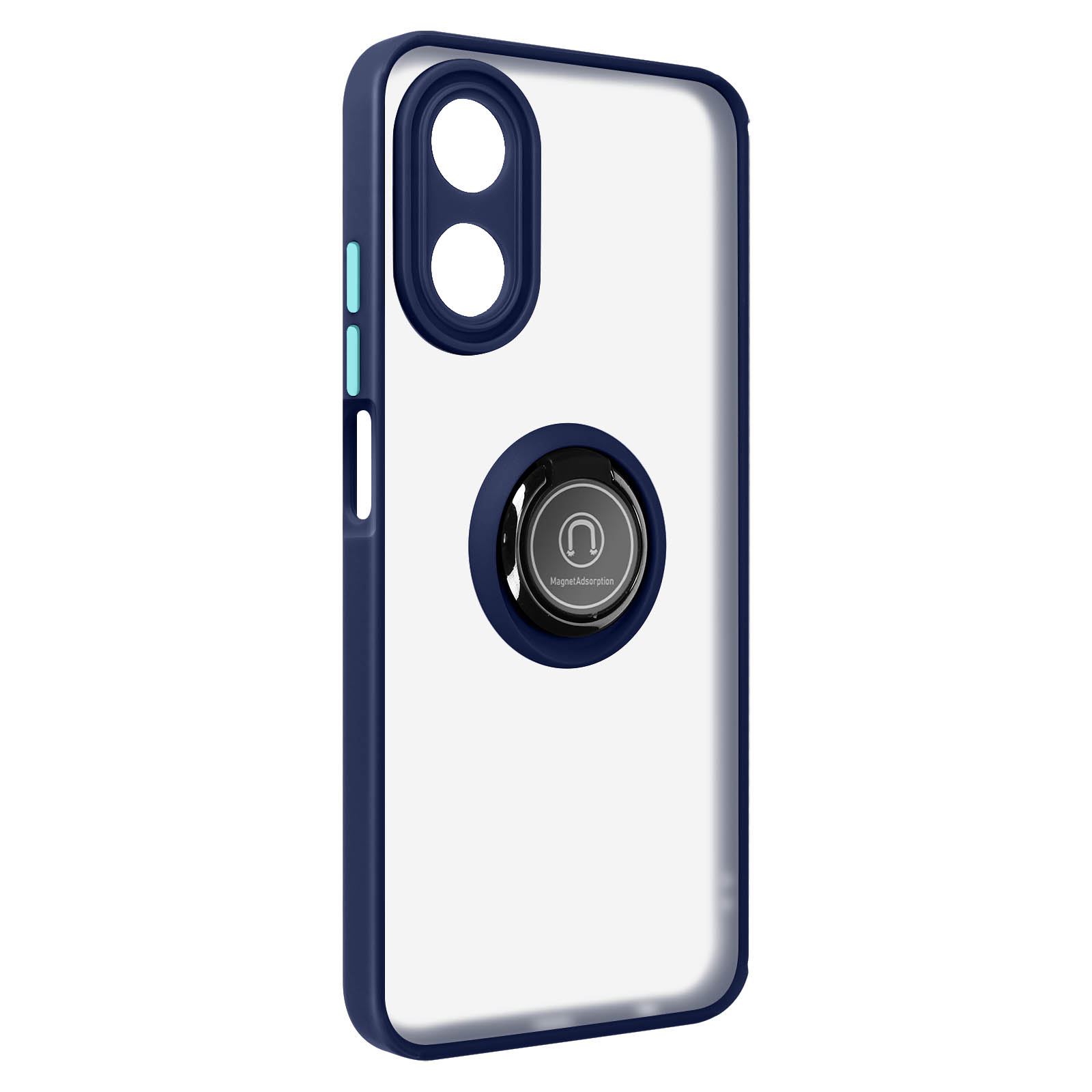 Una custodia per telefono con retro trasparente, cornice blu navy e anello di supporto.
