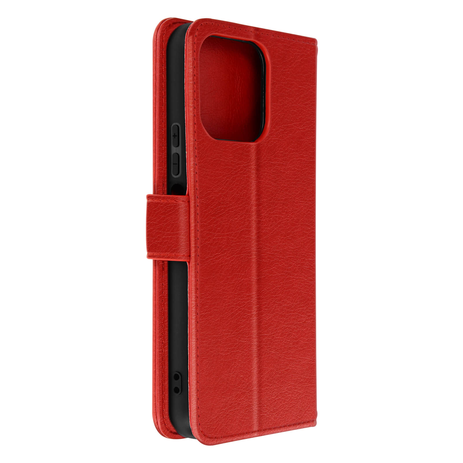 Rote Leder-Handyhülle, geöffnet, mit eingelegtem Telefon. Innen schwarz.