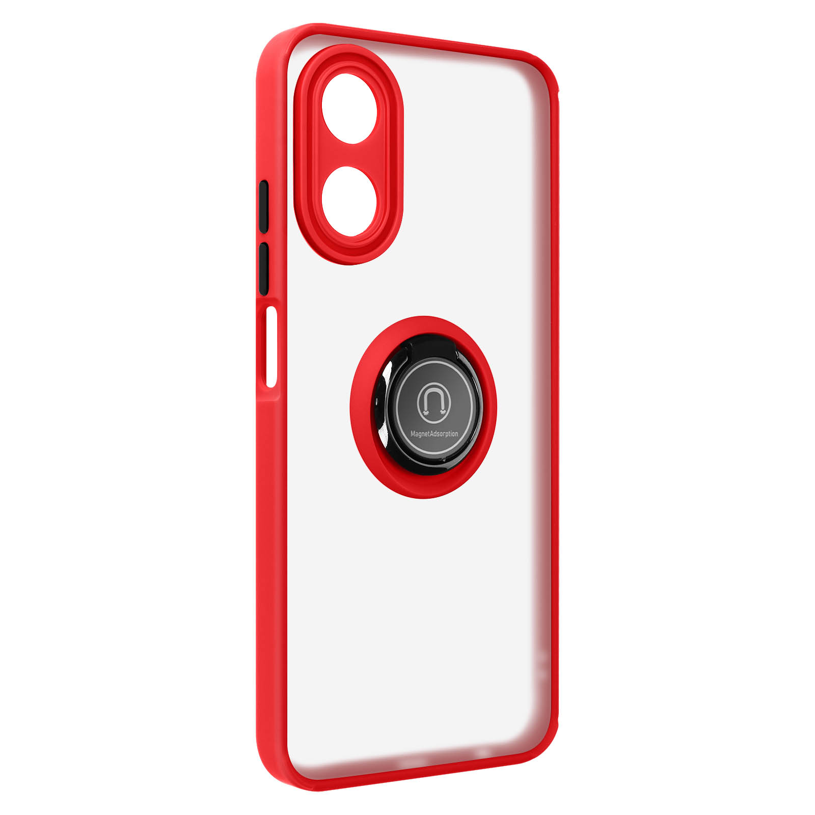 Custodia per telefono rossa e trasparente con anello nero. La custodia è su sfondo bianco.