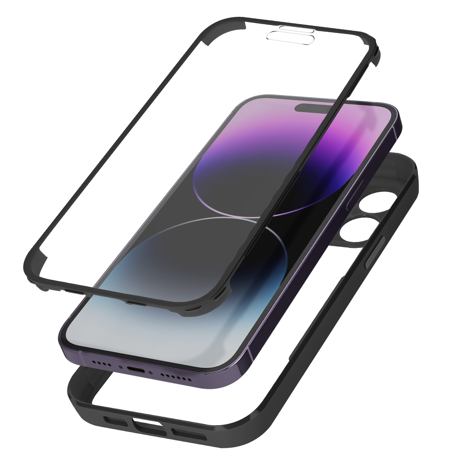 Téléphone avec cadre noir en couches et protecteur d'écran. Le téléphone est violet.