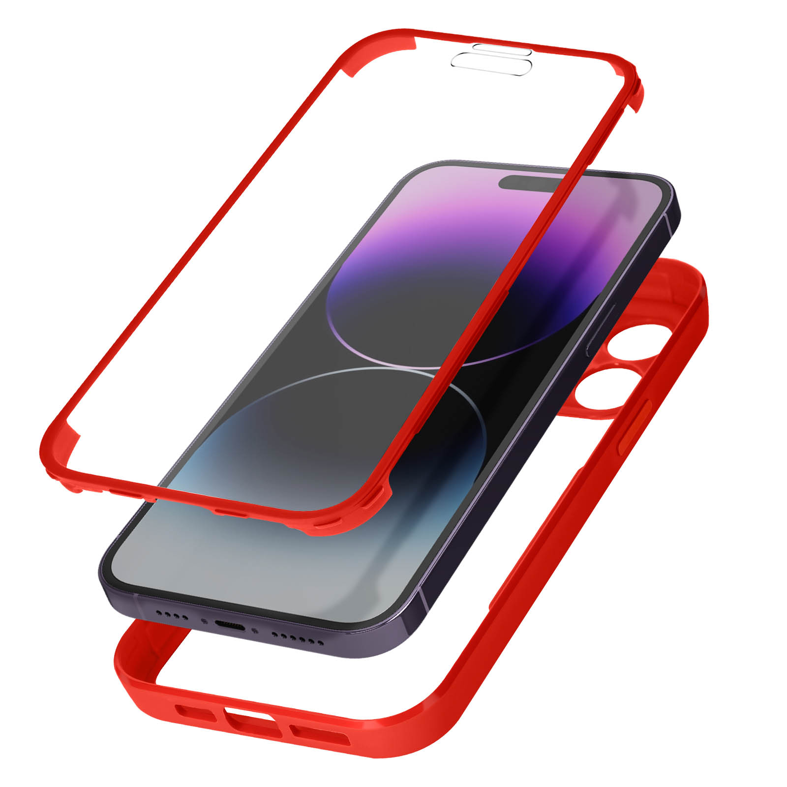 Rode telefoonhoeslagen: boven, midden en onder. De middelste laag heeft een telefoon. Witte achtergrond.