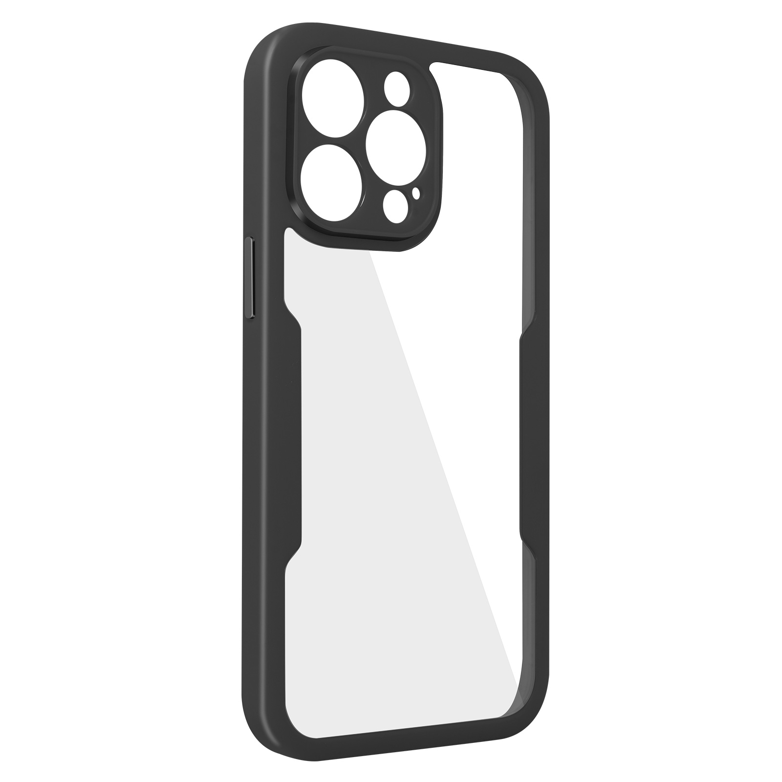 Zwarte en transparante telefoonhoes, met zwart frame en transparante achterkant. Toont camera.