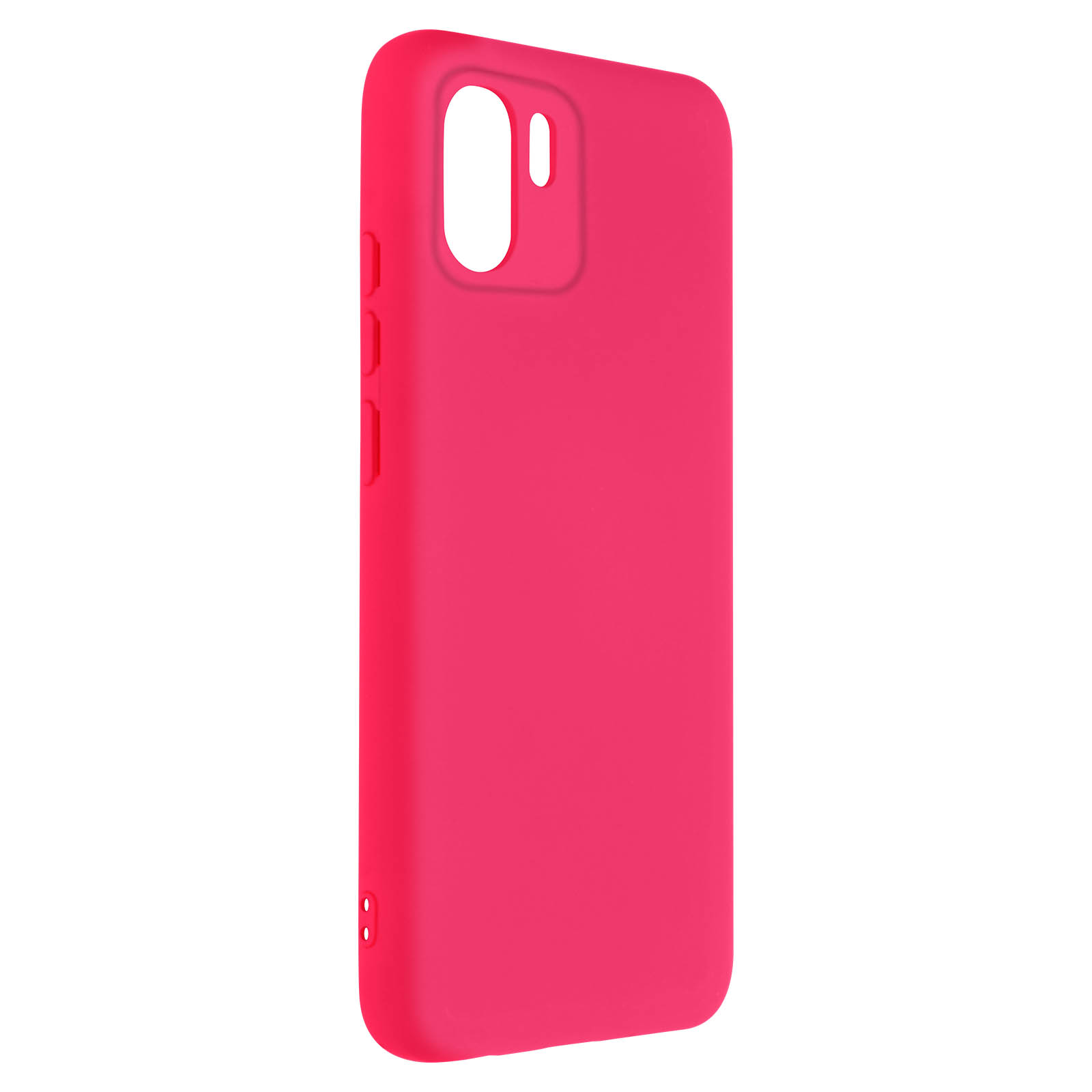 Custodia rosa per telefono con ritaglio fotocamera, pulsanti laterali e superficie lucida.
