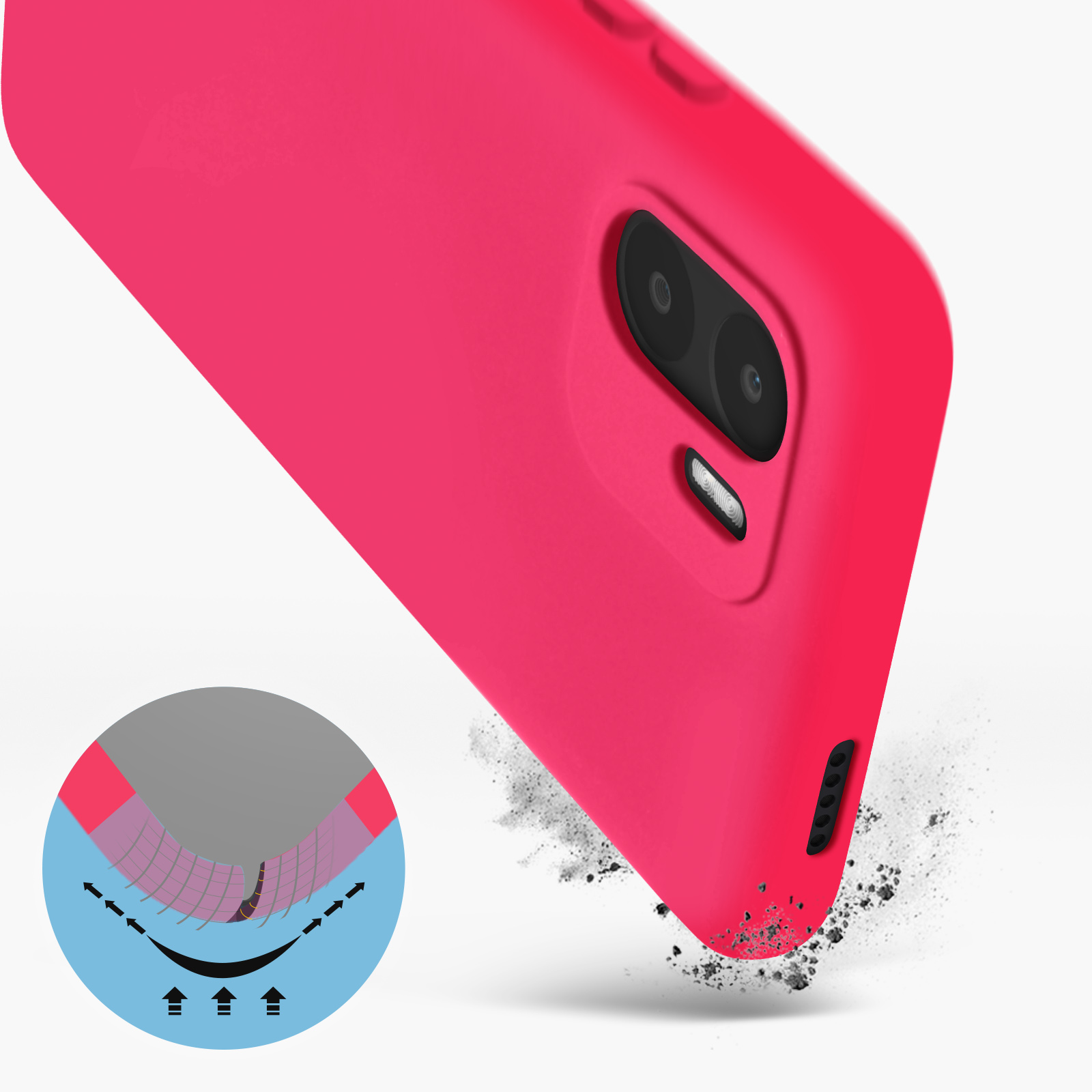 Primo piano di una custodia rosa per telefono, con un diagramma delle sue caratteristiche e piccole particelle di polvere.