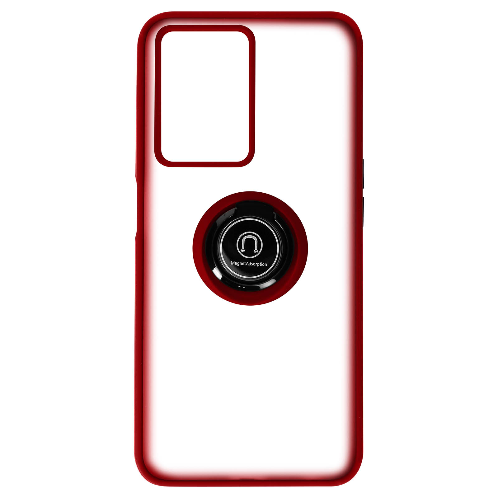 Una custodia per telefono rossa con un anello nero e un magnete ad anello nero. Sfondo bianco.