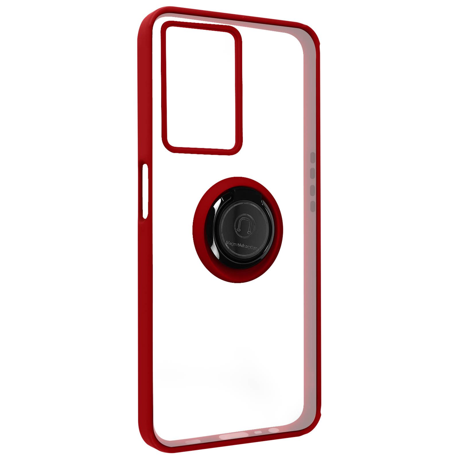 Custodia trasparente per telefono con cornice rossa e supporto ad anello magnetico nero.