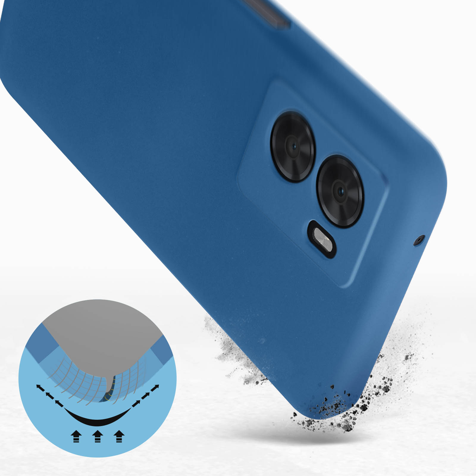 Custodia blu per telefono con vista ravvicinata della fotocamera e del telefono.