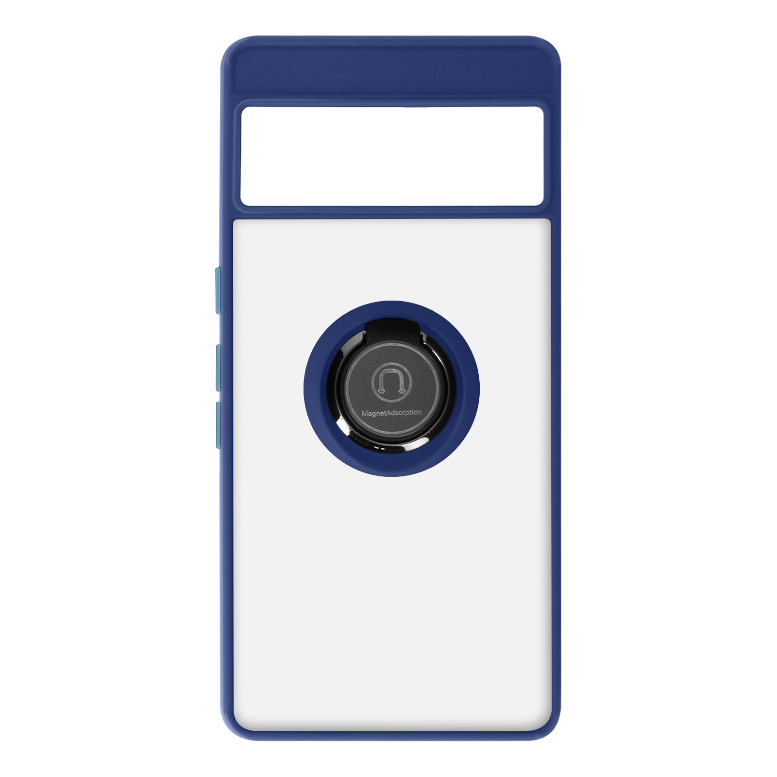 Coque de téléphone bleue et blanche avec anneau. La coque a un bord bleu et un centre blanc.