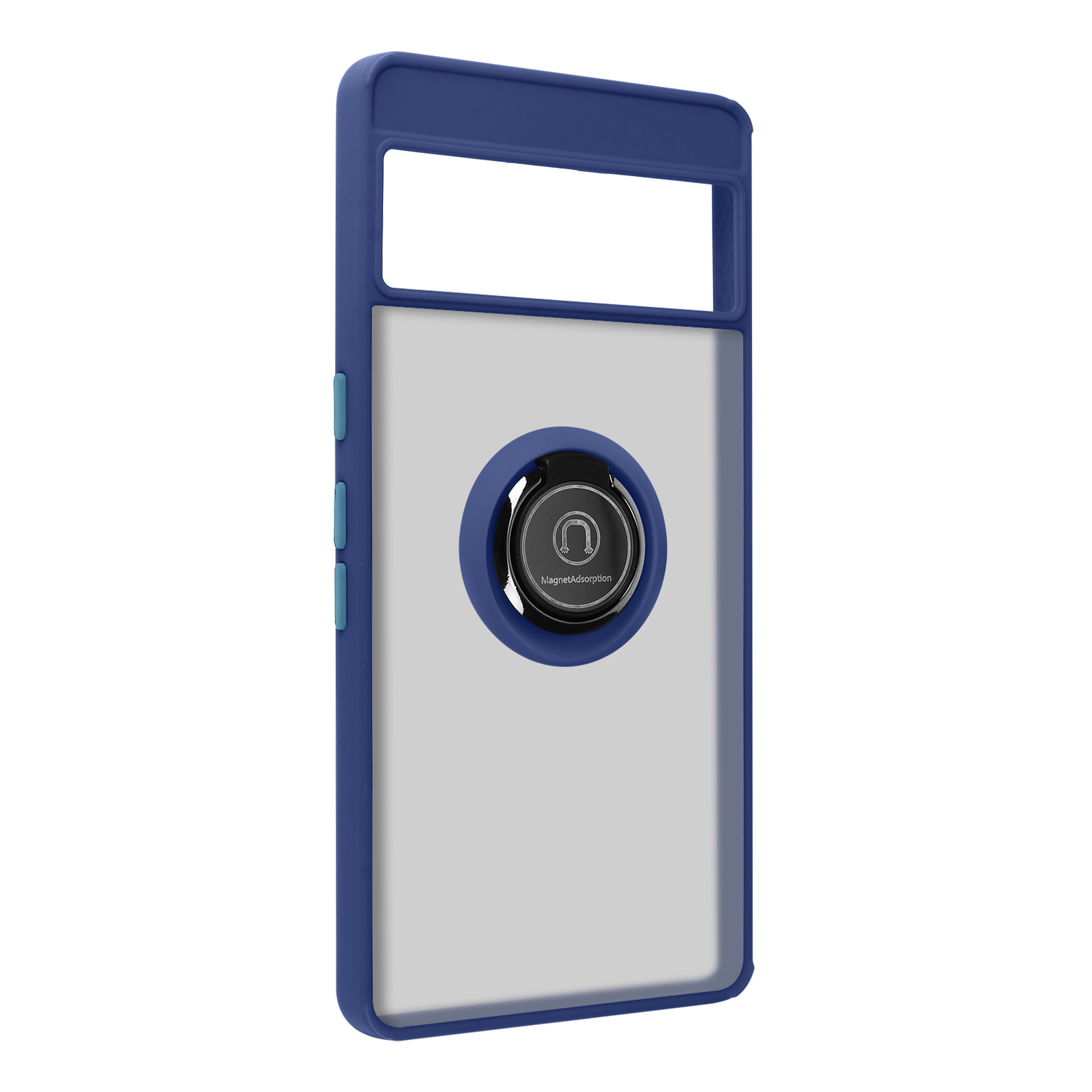 Blauwe telefoonhoes met doorzichtige achterkant en ringhouder. Blauwe knoppen.