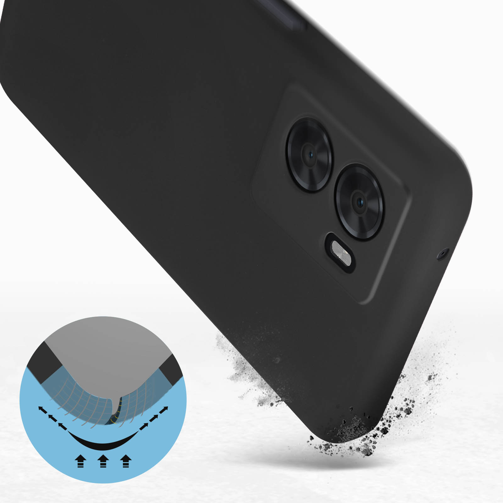 Custodia nera per telefono, con doppia fotocamera e visualizzazione della resistenza agli urti.