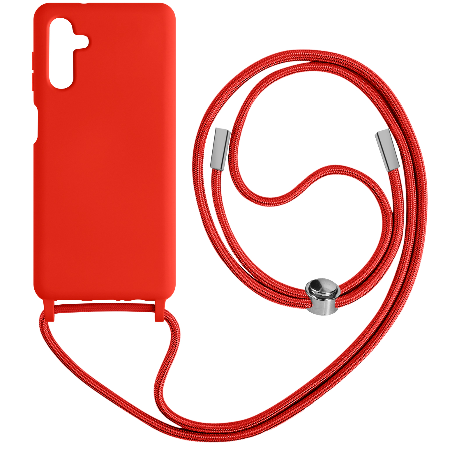 Coque de téléphone rouge avec une corde rouge. La coque a un emplacement pour la corde.