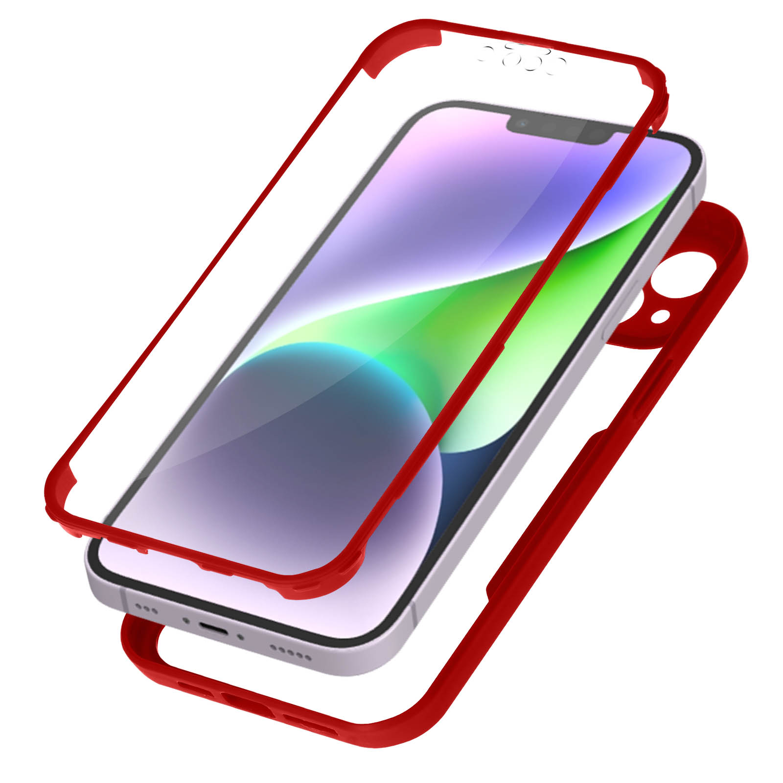 Rode telefoonhoes over een telefoon, het telefoonscherm staat aan.