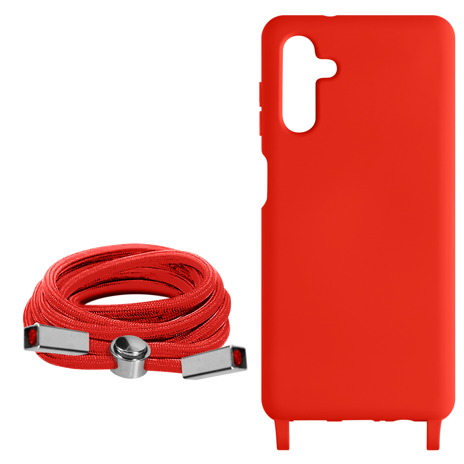 Coque de téléphone rouge à côté d'un cordon rouge avec clips argentés. Fond blanc.