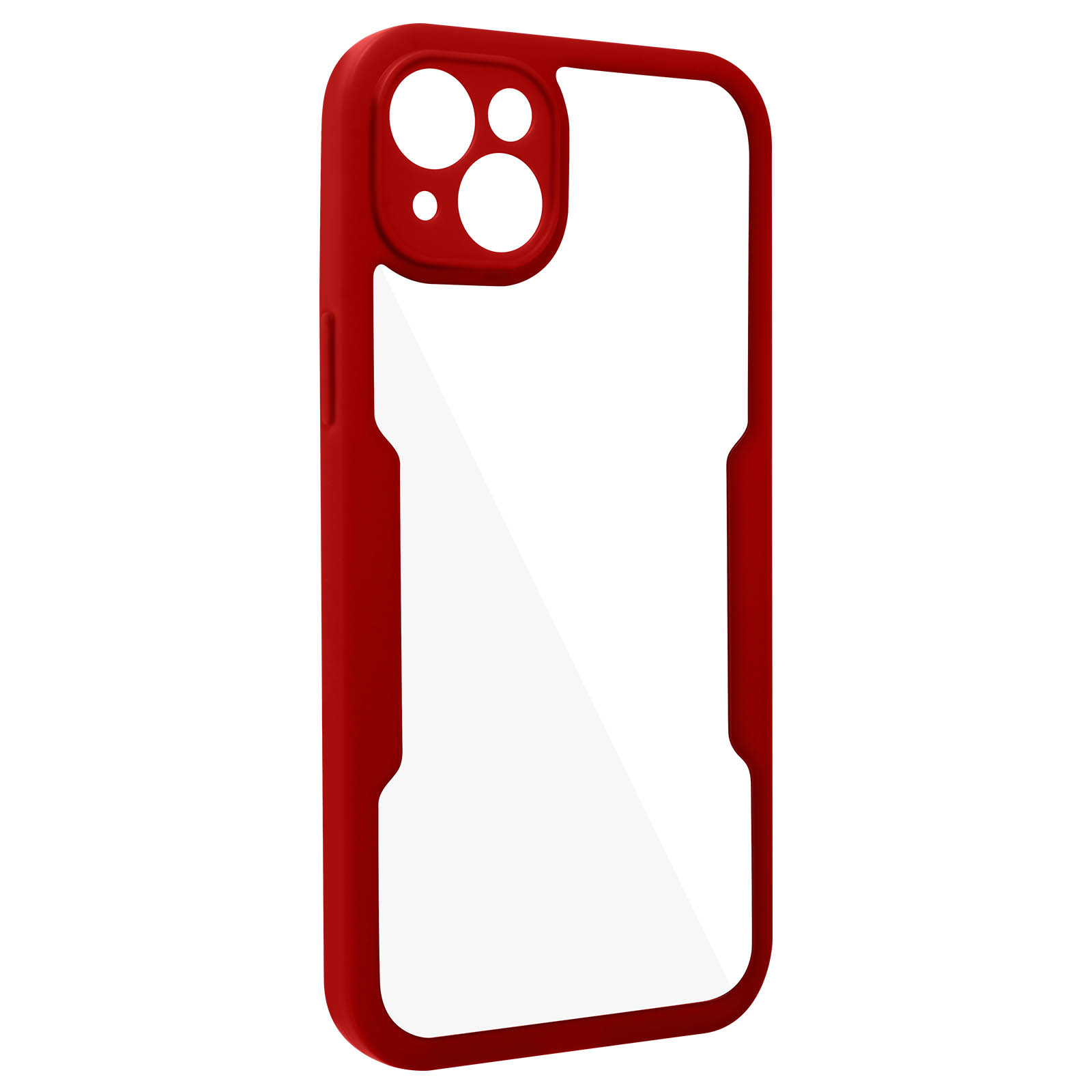 Rode telefoonhoes met doorzichtige achterkant, die de telefooncontour toont.