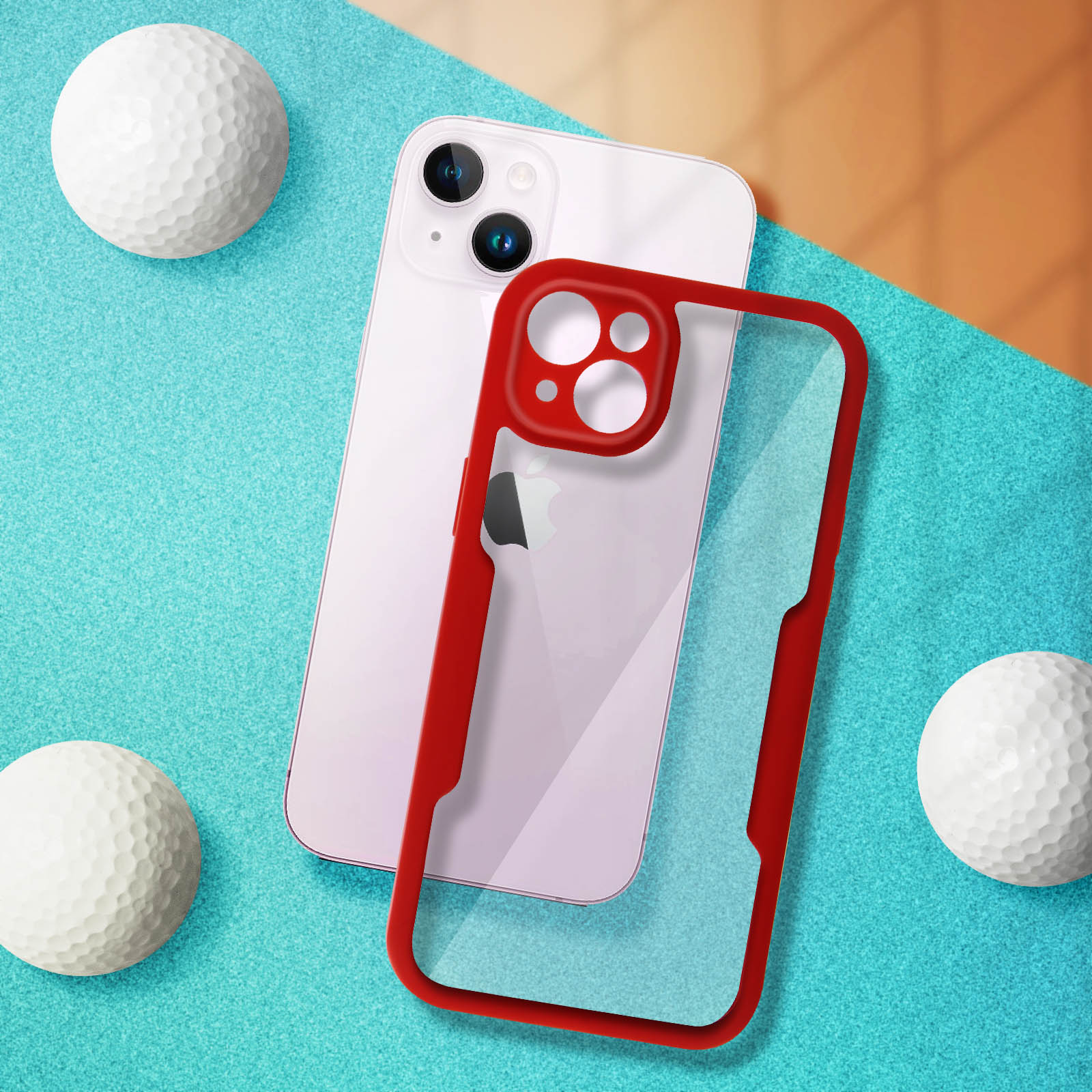 Telefoon met een rode beschermhoes en drie golfballen op een blauw oppervlak.