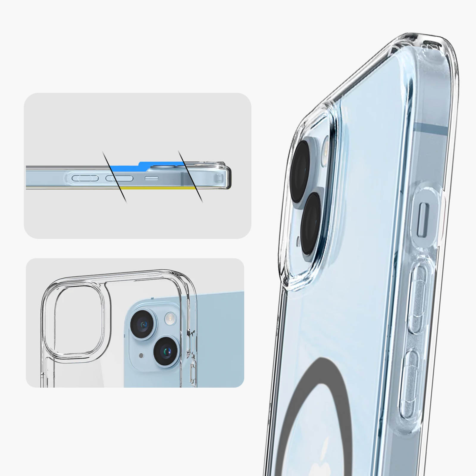 Una custodia trasparente per telefono su un telefono blu con tre diagrammi che mostrano dettagli e pulsanti.