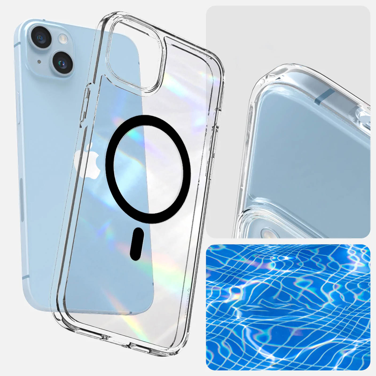 Custodia trasparente con anello nero. Telefono blu e acqua della piscina nell'angolo.