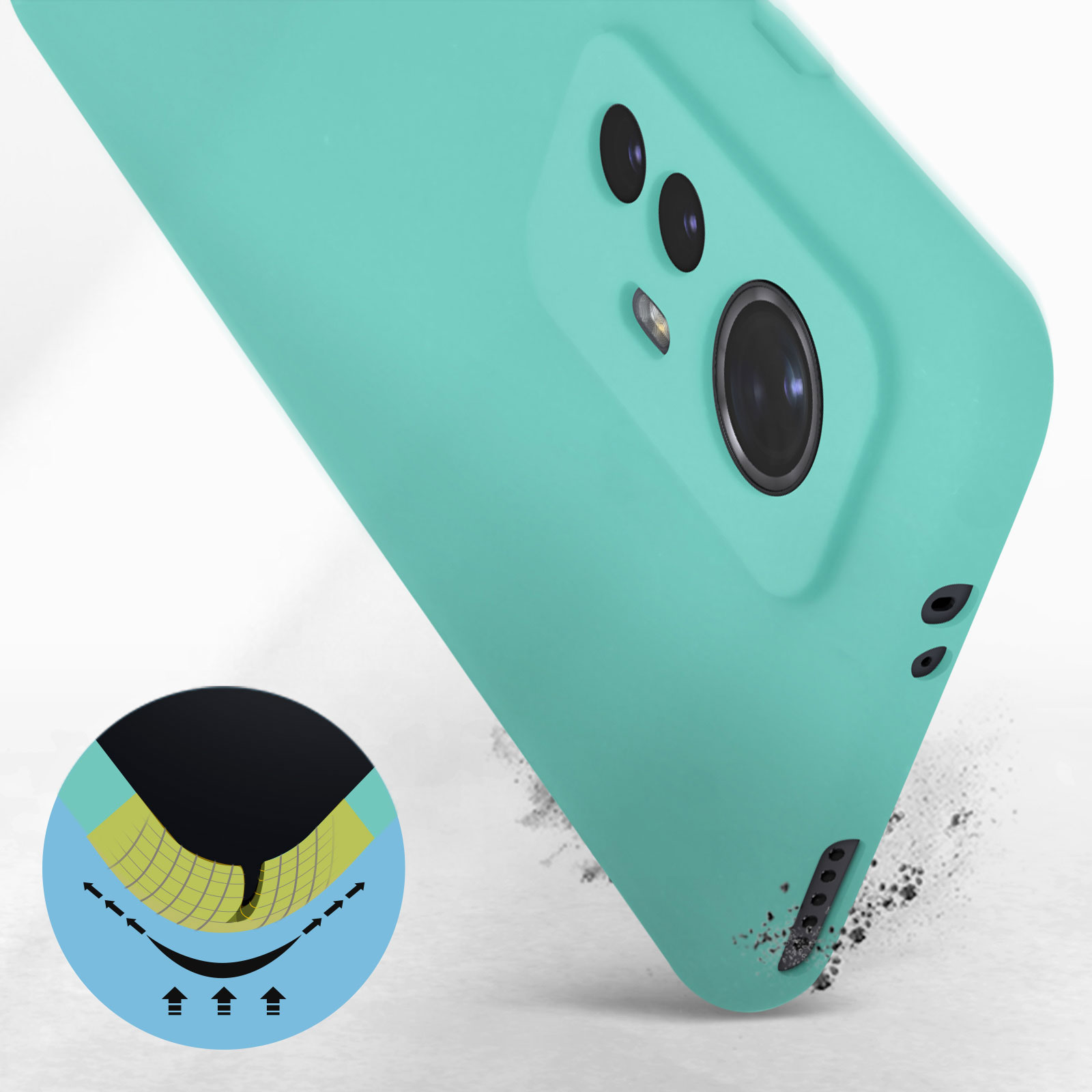 Vista dettagliata della custodia del telefono verde acqua. Mostra la trama interna e il design esterno.
