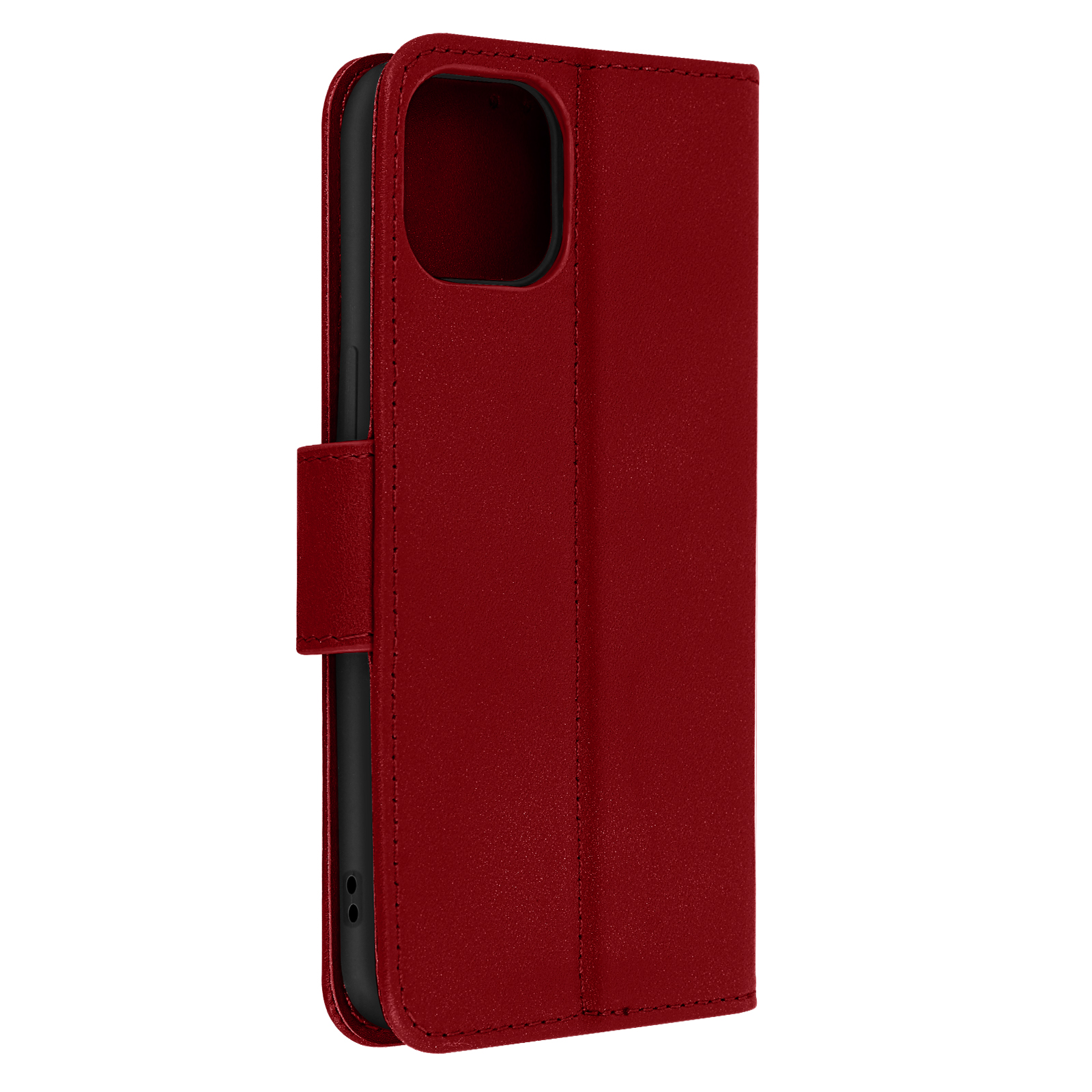 Rode telefoonhoes met magnetische sluiting, opengevouwen. De hoes staat op een witte achtergrond.