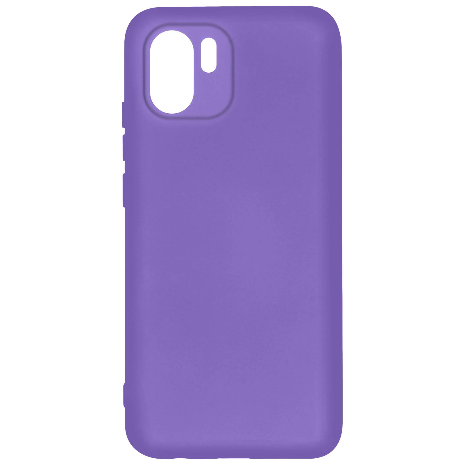 Una custodia per telefono viola tinta unita. L'intaglio della fotocamera è in alto a sinistra. Ci sono pulsanti.