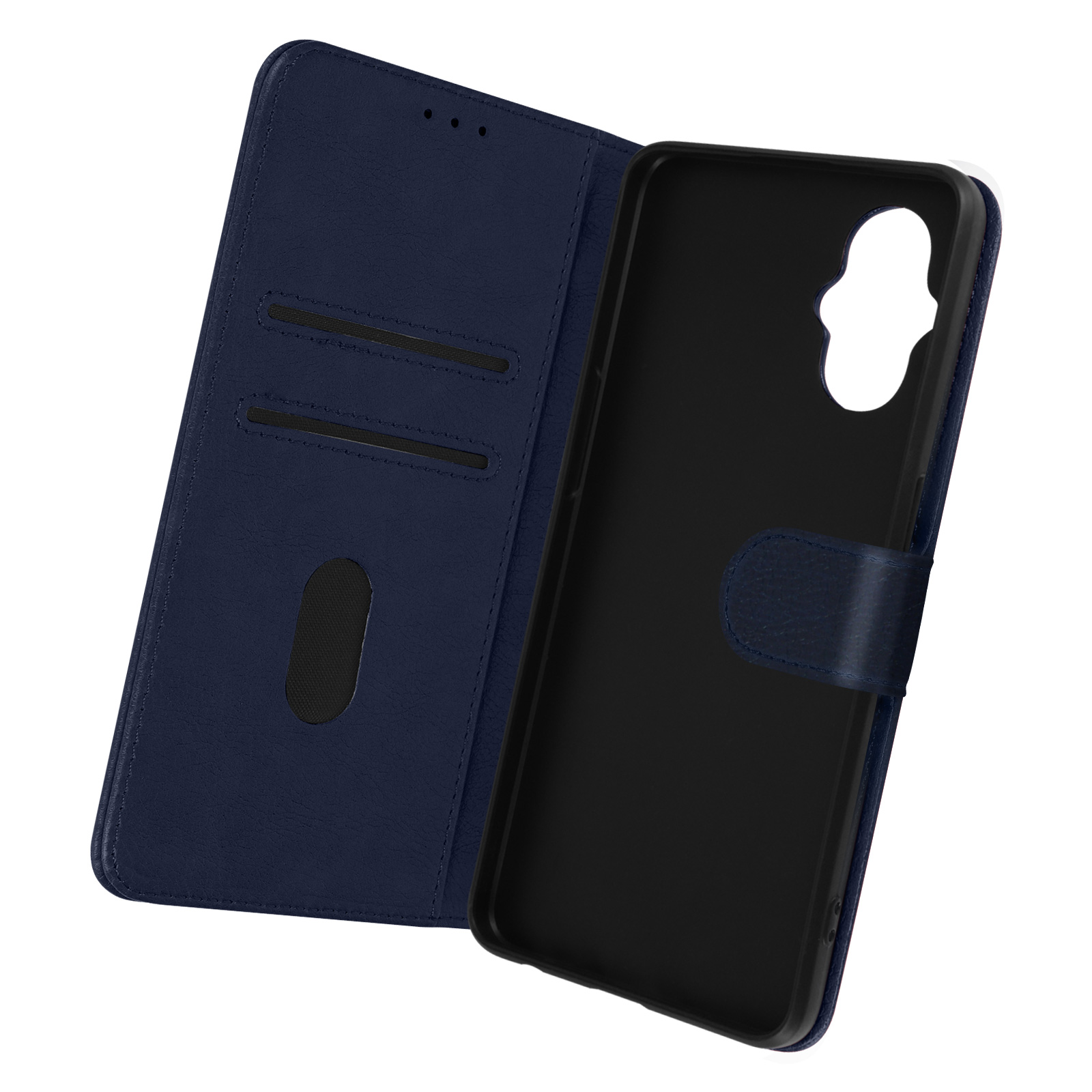 Una custodia blu per telefono con una cover che si apre per rivelare un telefono. Il telefono è nero.