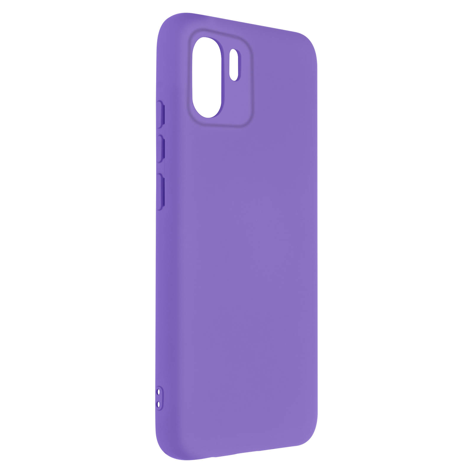 Una custodia viola per telefono con ritaglio per fotocamera e pulsanti, vista laterale.