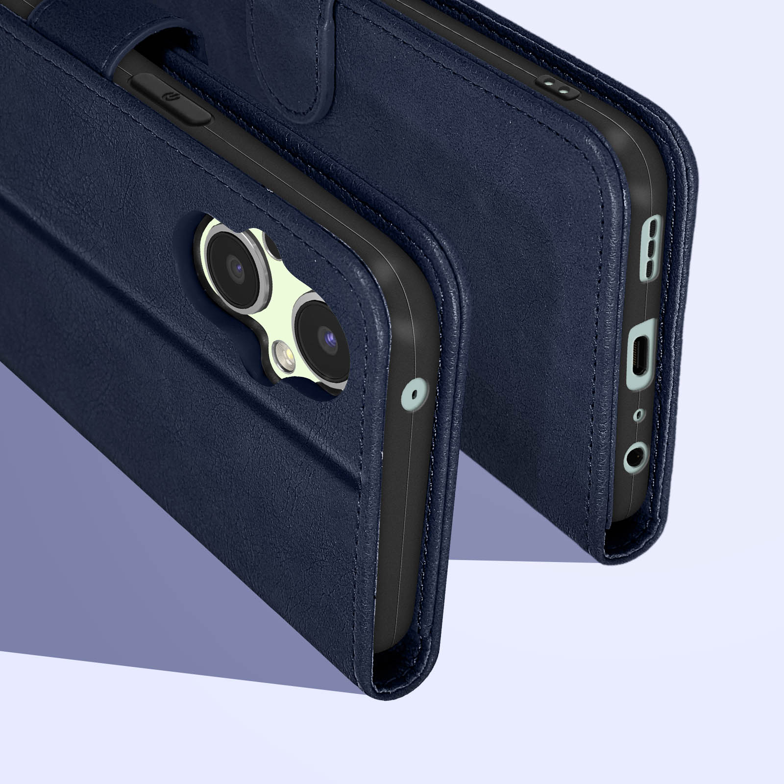 Custodia per telefono blu navy, aperta. Mostra un telefono all'interno, con fotocamera e porta di ricarica visibili.