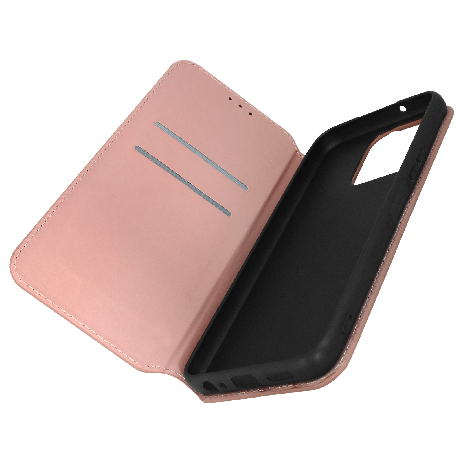 Geöffnete rosa Handyhülle, Innenansicht und schwarzes Telefon.