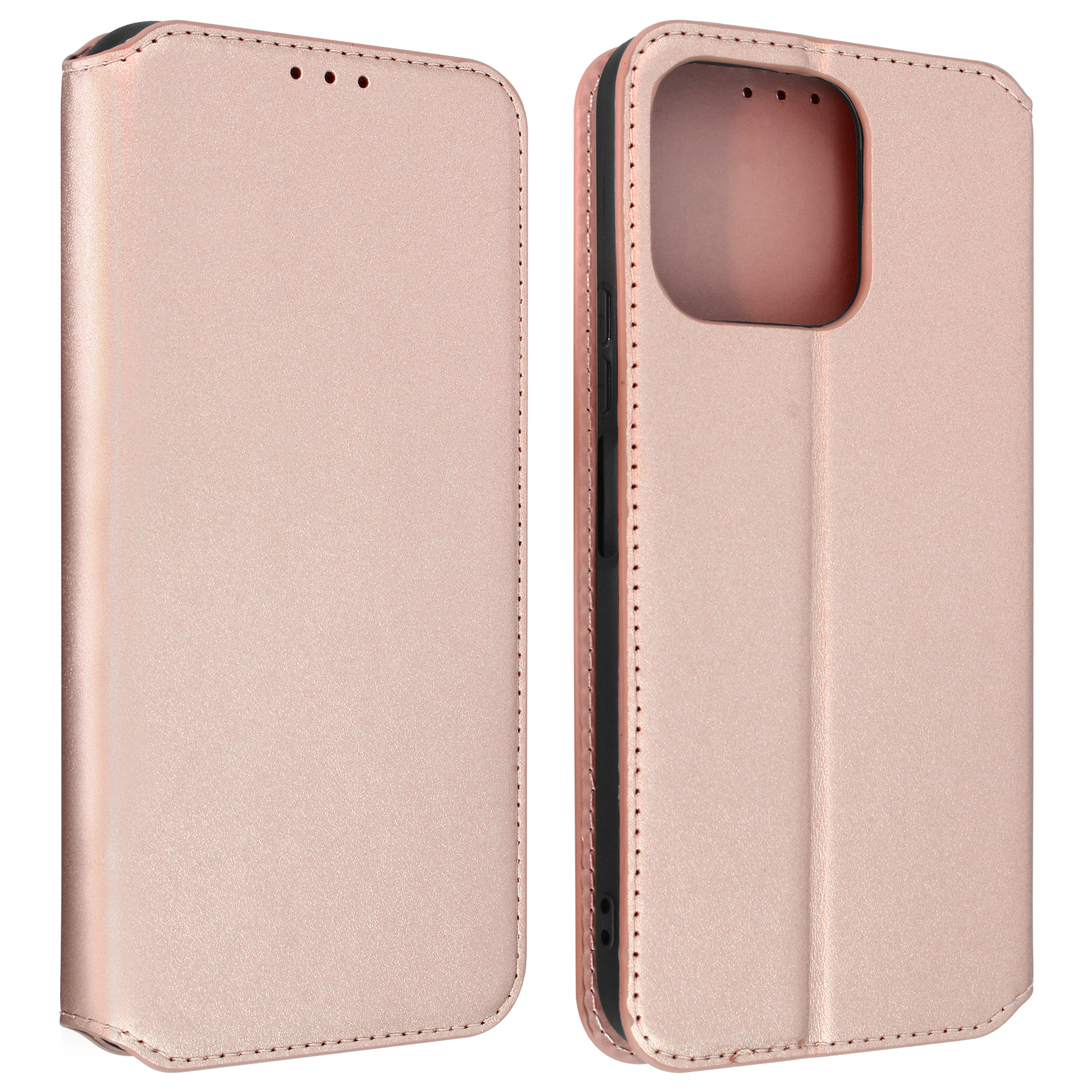 Roségoldene Handyhülle, zwei Hälften geöffnet, mit Telefon innen.