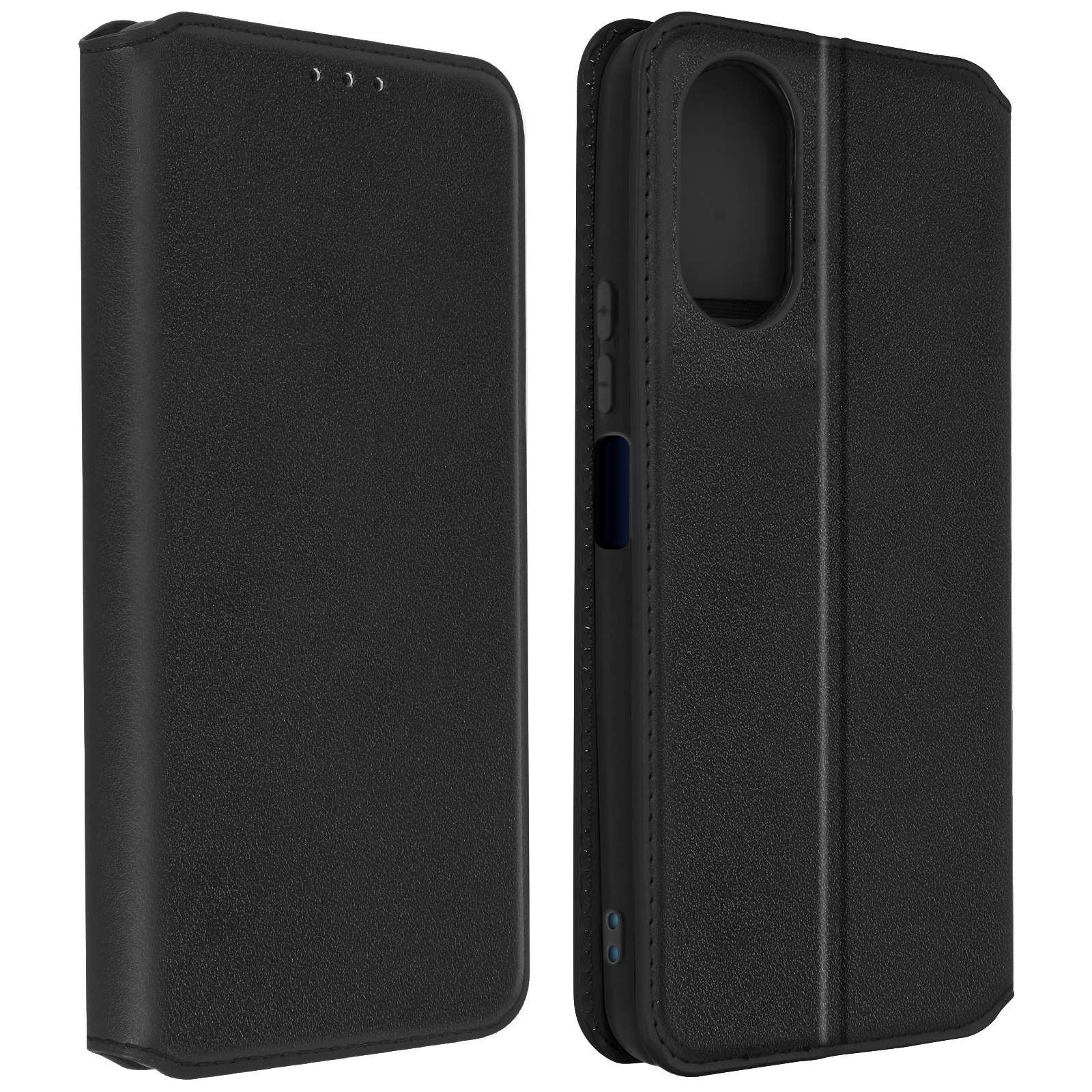 Twee zwarte telefoonhoesjes, één open en één gesloten, met een leerachtige textuur en een strak design.