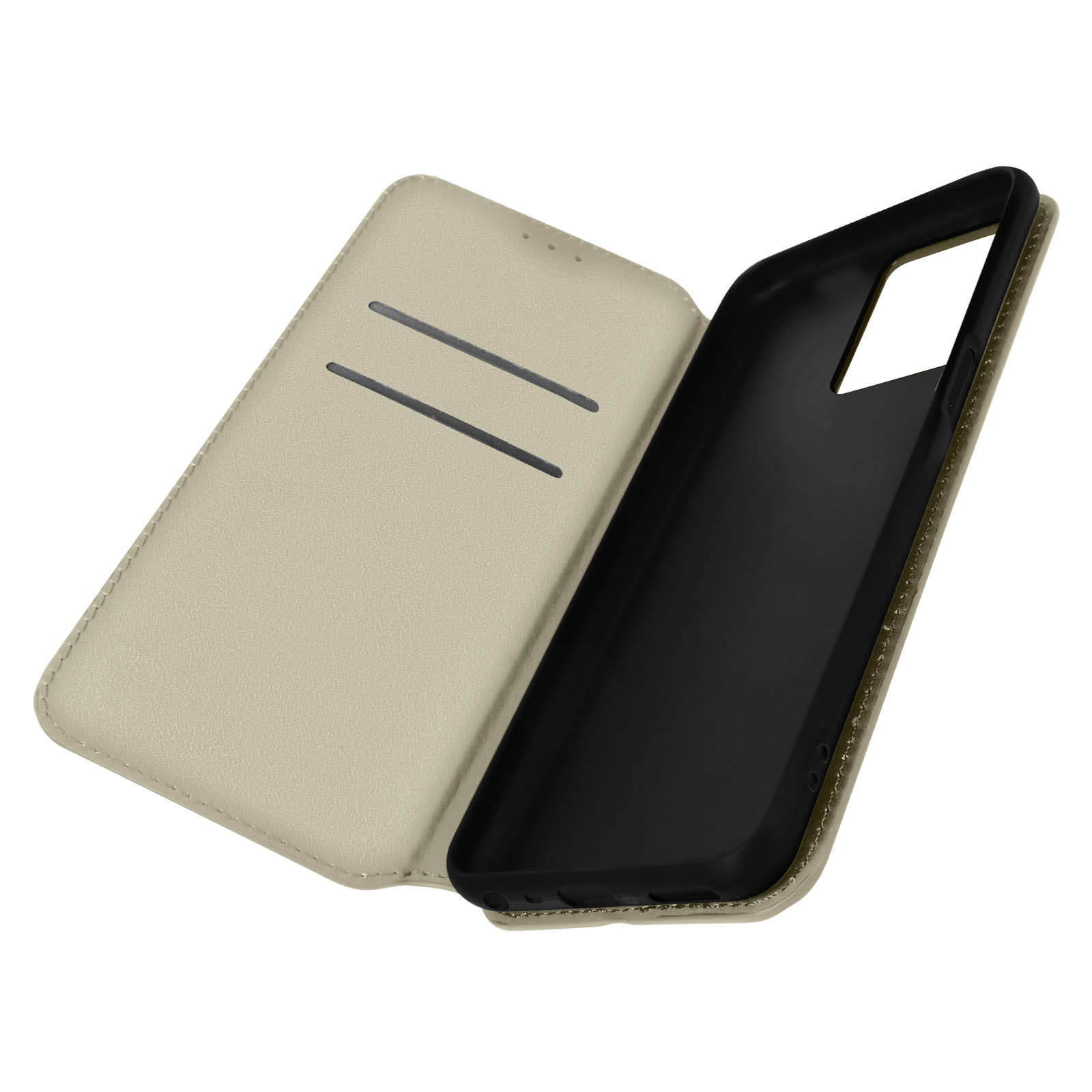 Custodia beige aperta, mostra interno nero e fessure per carte.