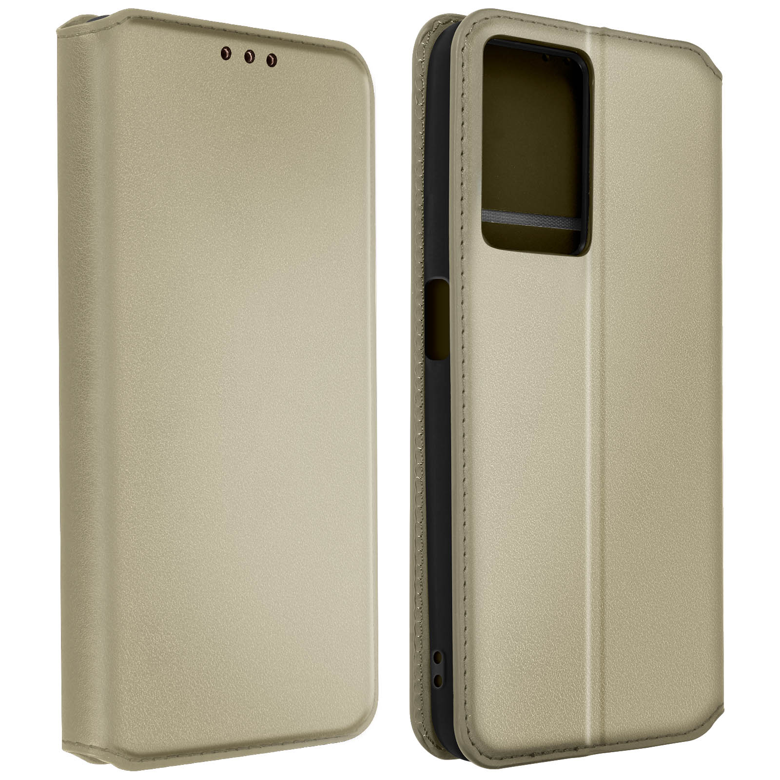 Una custodia per telefono, di colore oro chiaro. Mostrata aperta e chiusa. L'interno è nero.