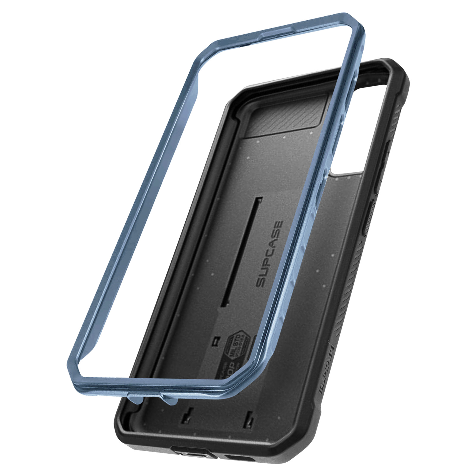 Custodia per telefono, cornice blu staccata da una custodia nera con la scritta SLIPCASE. Sfondo bianco.