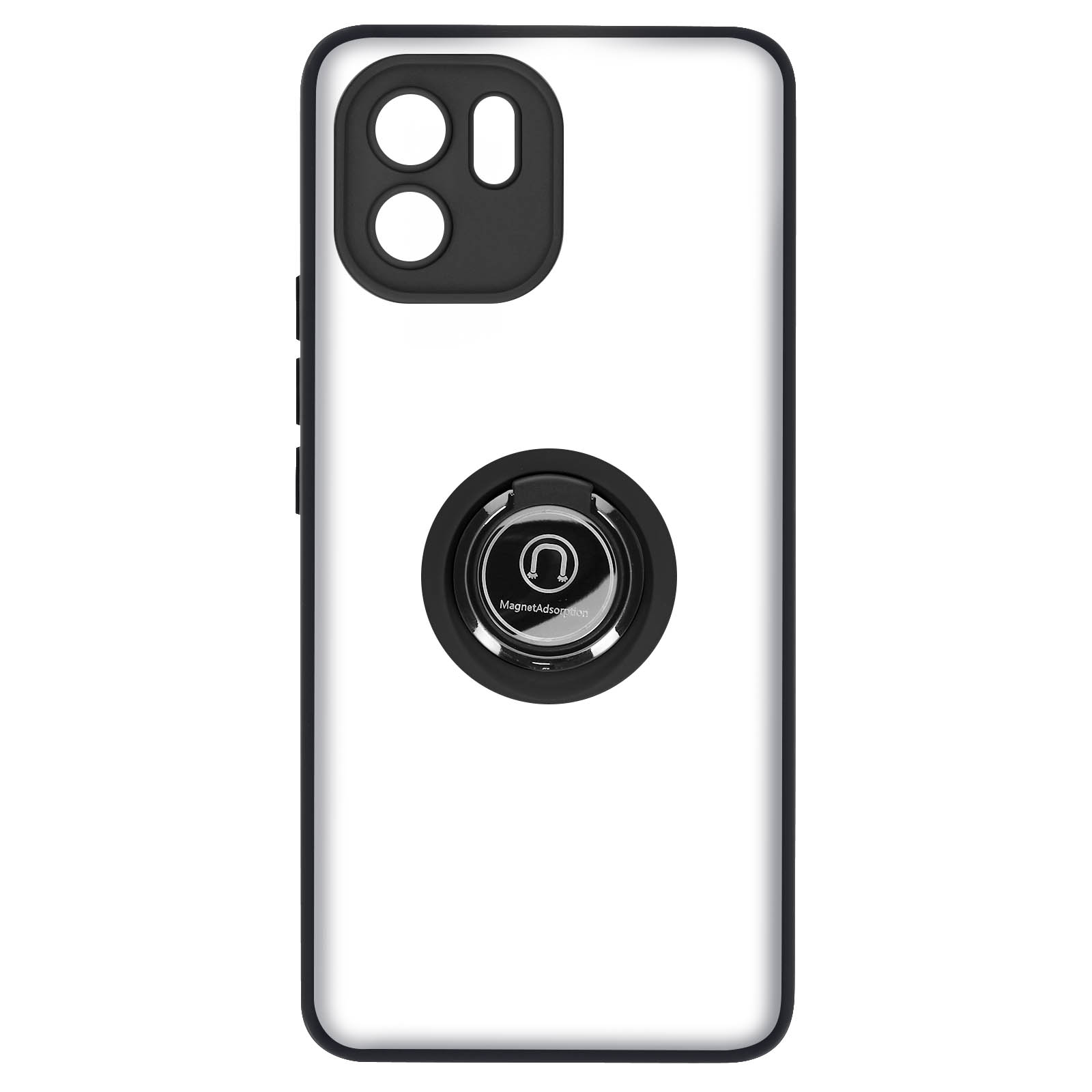 Coque de téléphone transparente avec bord noir. La coque possède un support d'anneau avec un aimant.