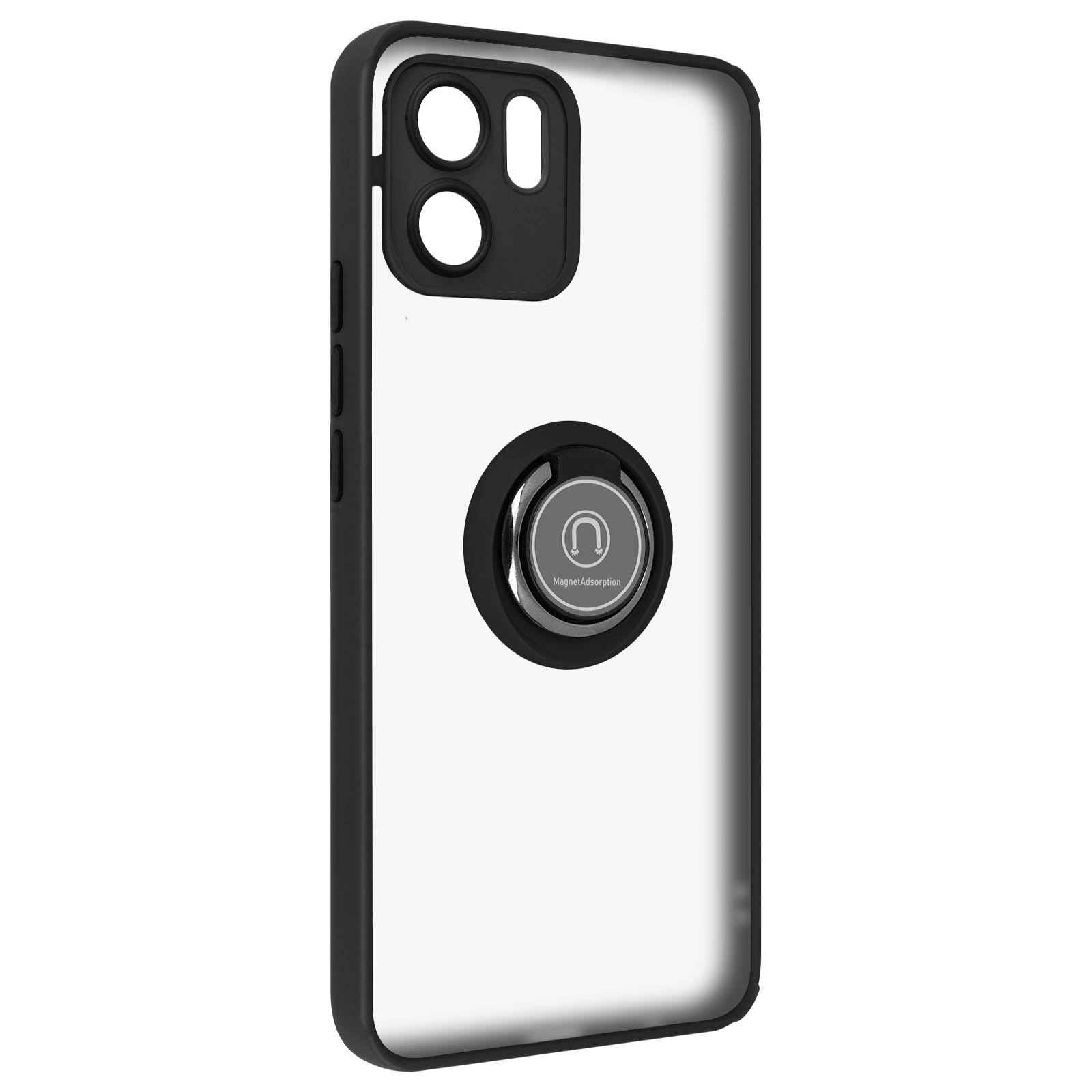 Coque de téléphone avec un cadre noir et un anneau noir au centre.