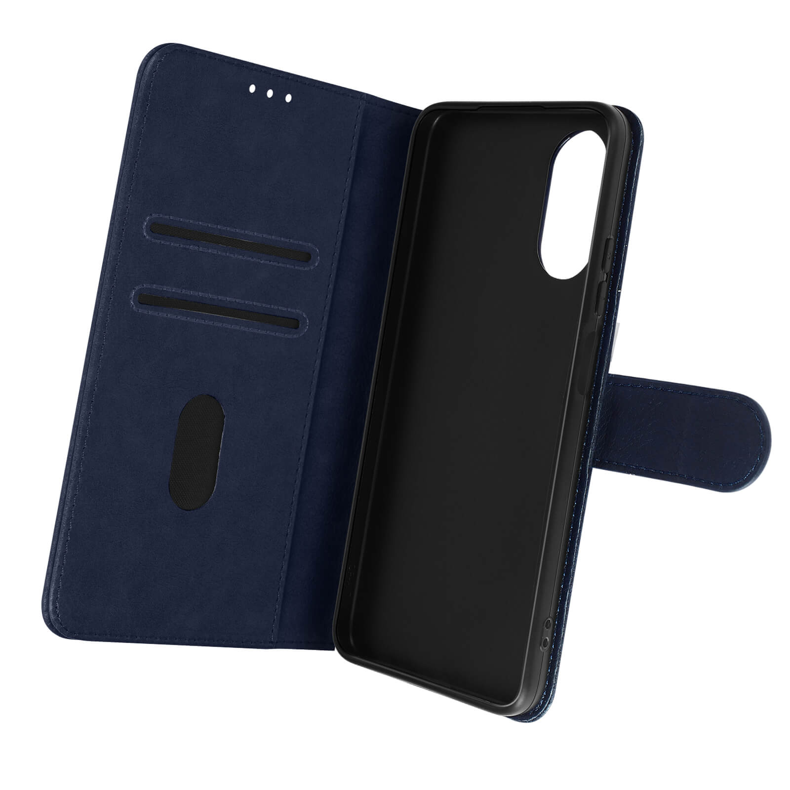 Custodia per telefono blu aperta con interno nero. Il lato sinistro ha fessure per carte. Il telefono non è inserito.