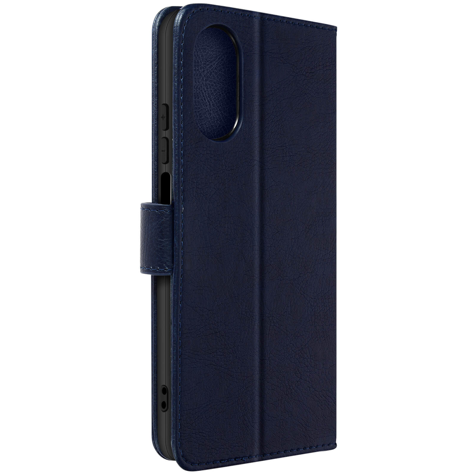 Una custodia per telefono in pelle blu scuro chiusa. La custodia ha una chiusura magnetica.