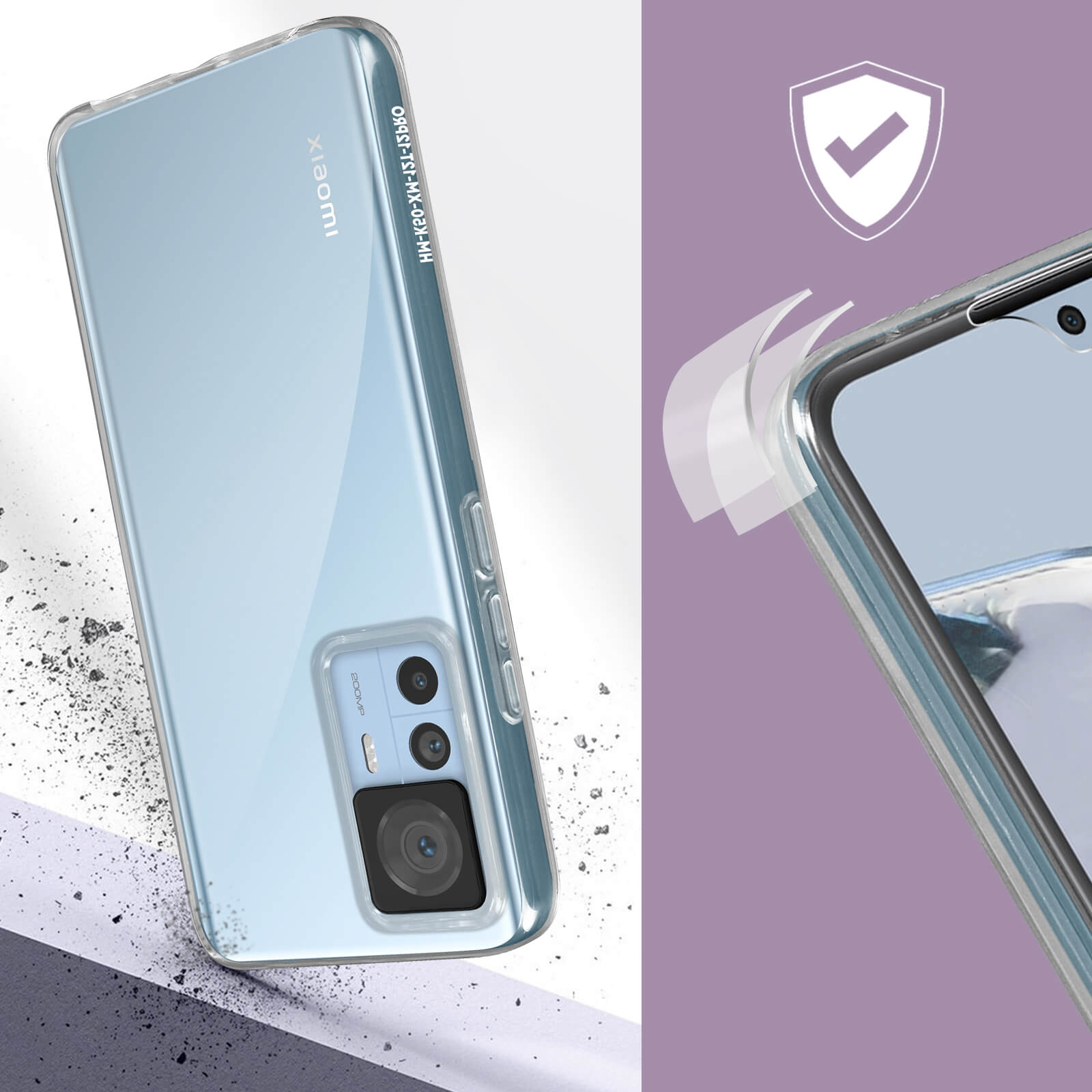 Una custodia per telefono con retro trasparente e una sfumatura blu, con un'icona di spunta nell'angolo.