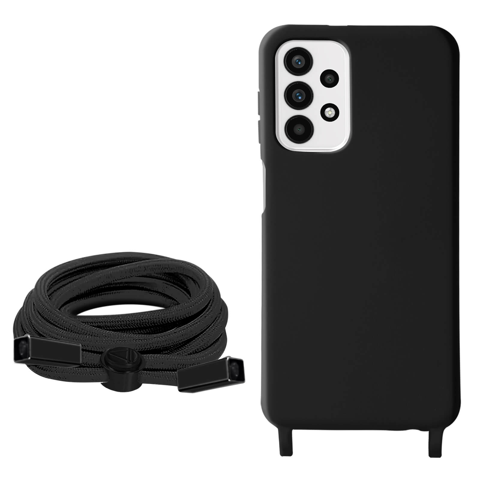 Coque de téléphone noire avec un cordon noir, et une coque noire avec un cordon.