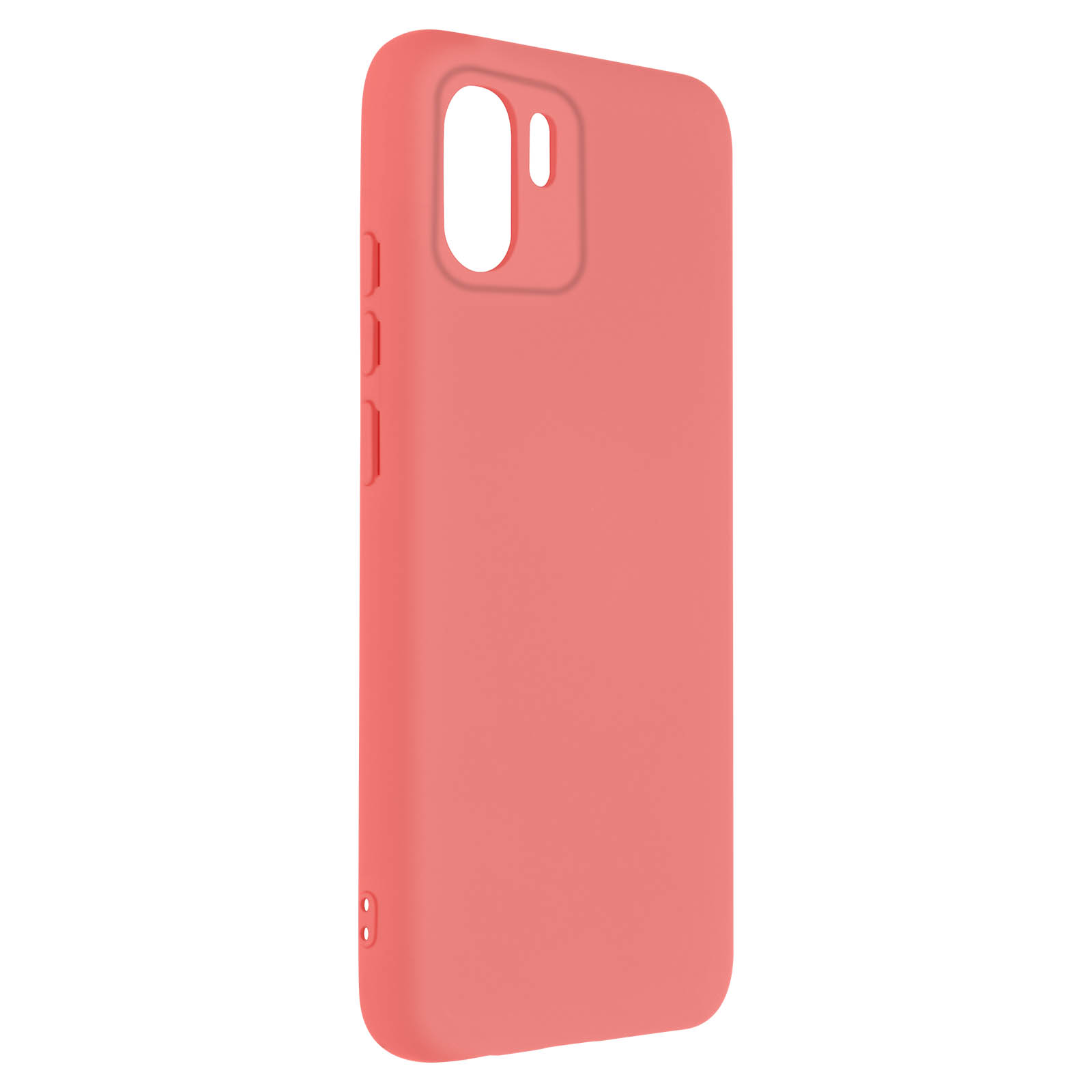 Een koraalroze telefoonhoes. Het heeft uitsparingen voor camera's en zijknoppen.