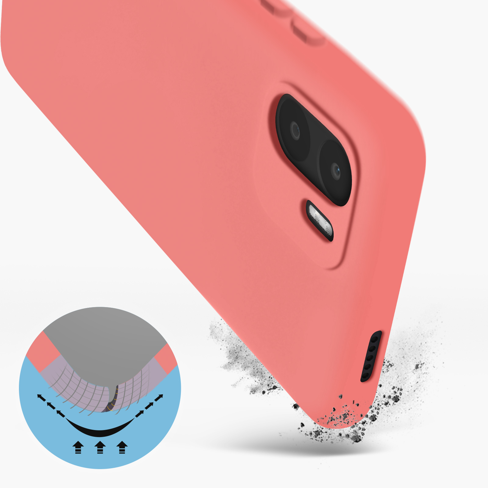 Close-up van een perzik telefoonhoesje, met een diagram en kleine stofdeeltjes.