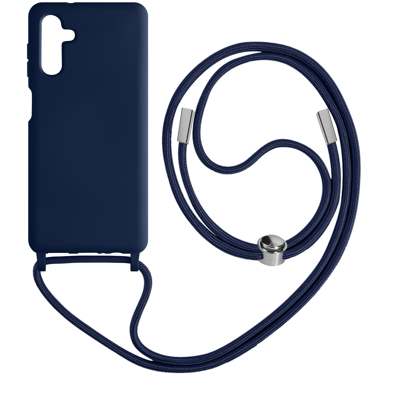 Coque de téléphone bleu marine avec une sangle bleu marine. La coque est sur fond blanc.