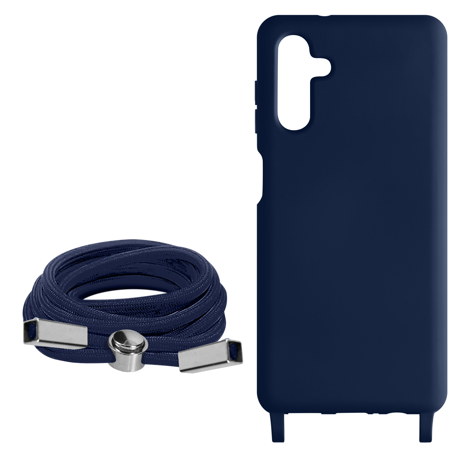 Coque de téléphone bleu marine et cordon bleu marine. Fond blanc.