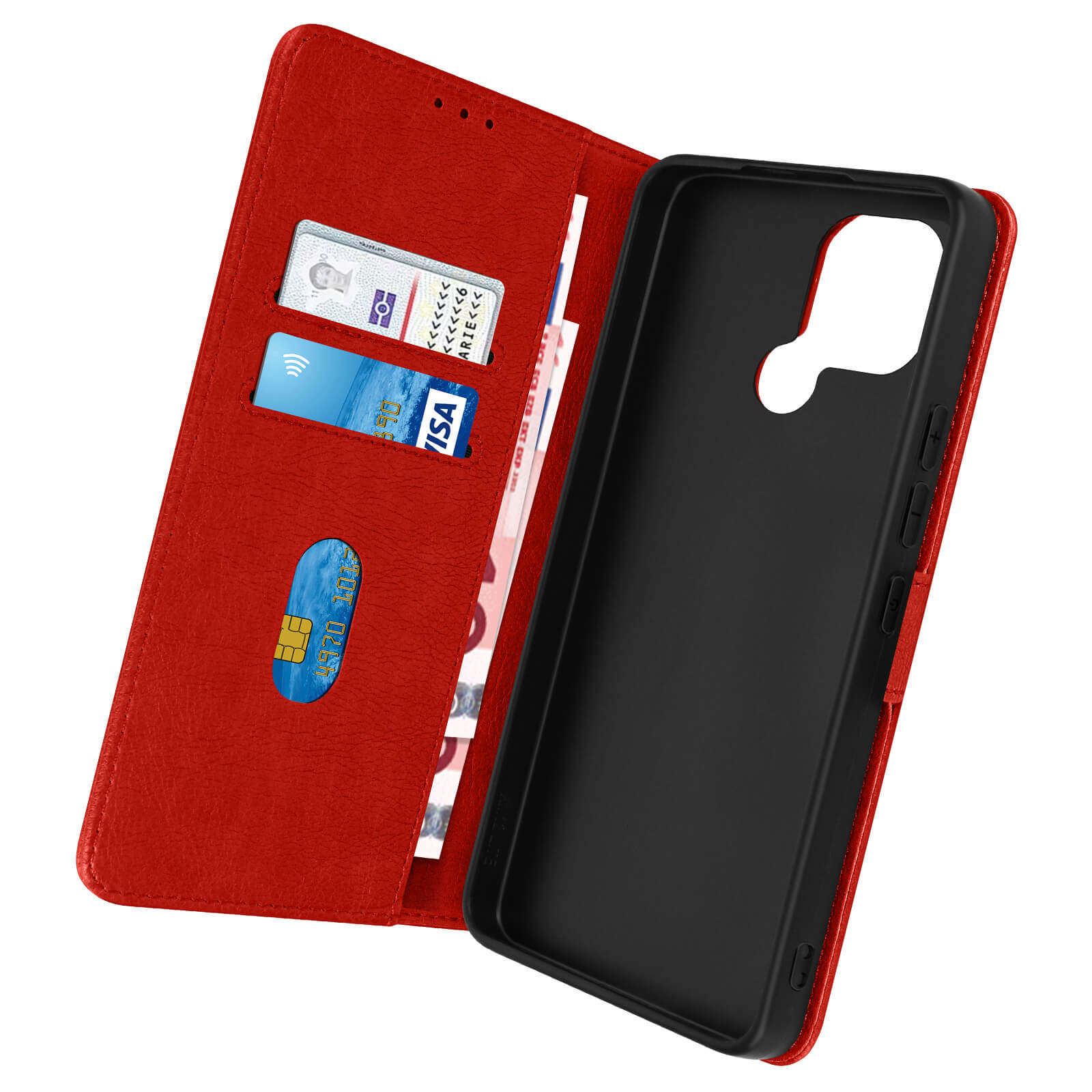 Custodia rossa per telefono aperta con fessure per carte. Ci sono carte e denaro all'interno.